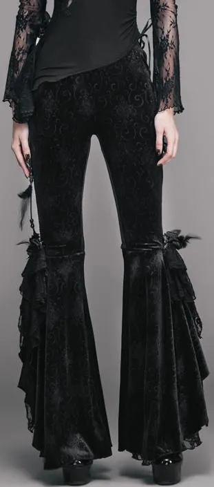 Black Flared Floral Applique Velour Pants