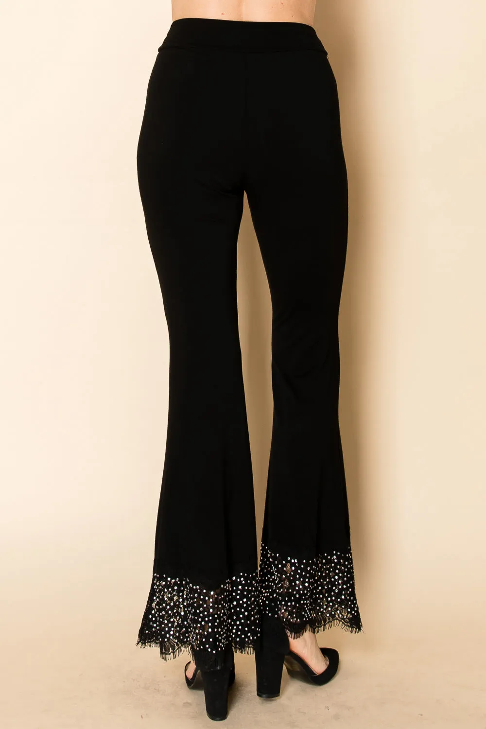 Black Flared Knit Pants with Lace & Crystal-Embellished Hem