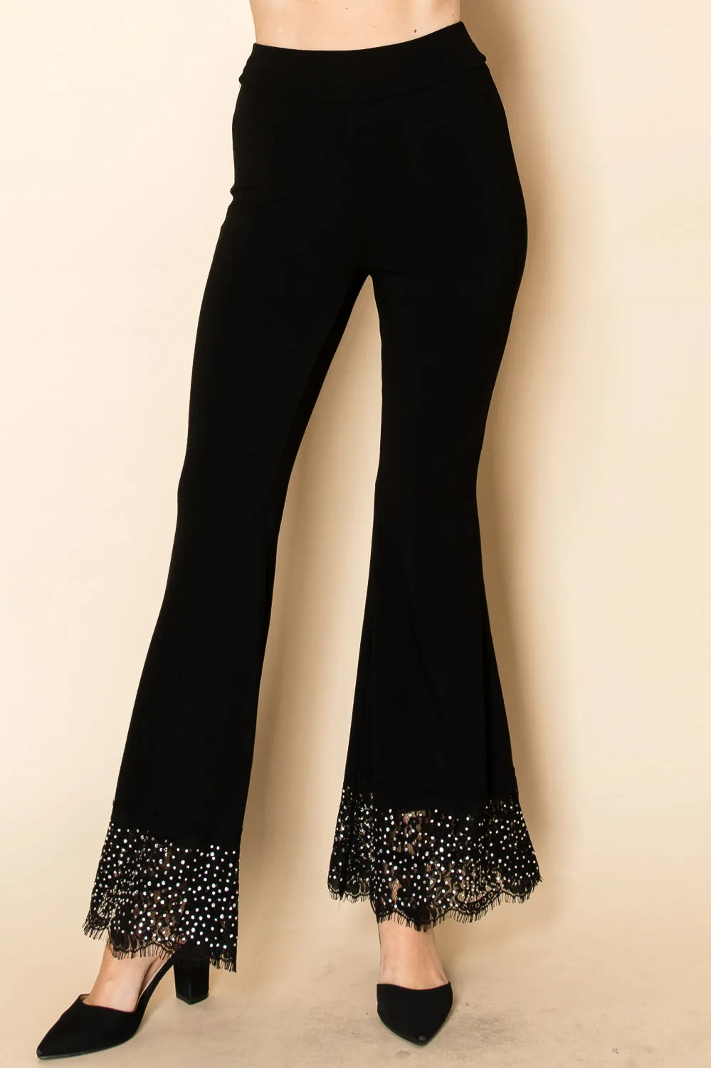 Black Flared Knit Pants with Lace & Crystal-Embellished Hem