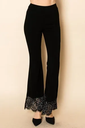 Black Flared Knit Pants with Lace & Crystal-Embellished Hem