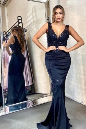 Black Long Mermaid V-neck Appliques Lace Satin Backless Prom Dress