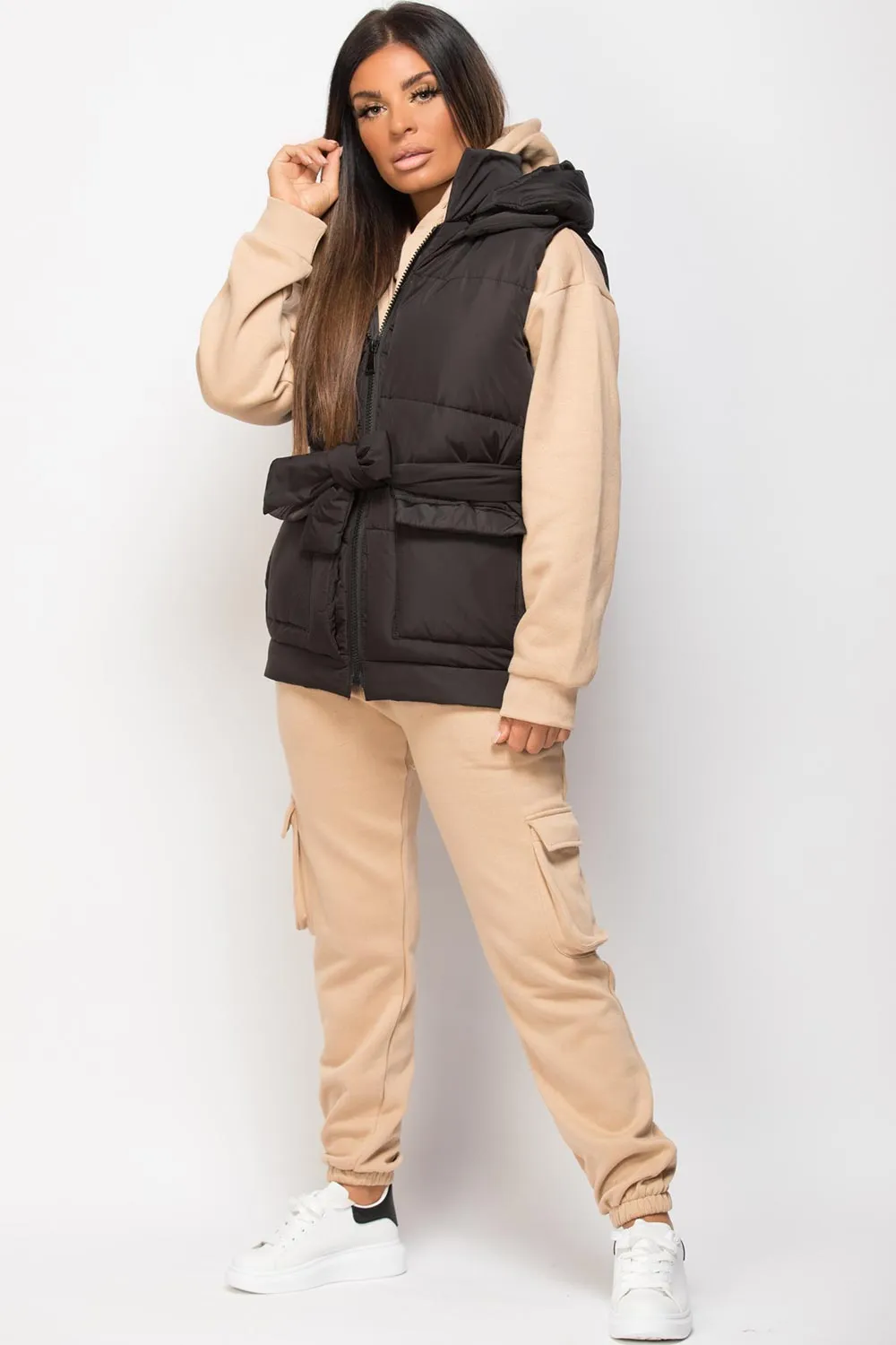 Black Padded Gilet With Belt And Detachable Hood