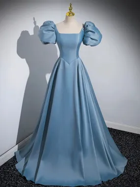 Blue Puff Sleeve Satin Floor Length Prom Dress, Blue A-Line Evening Party Dress