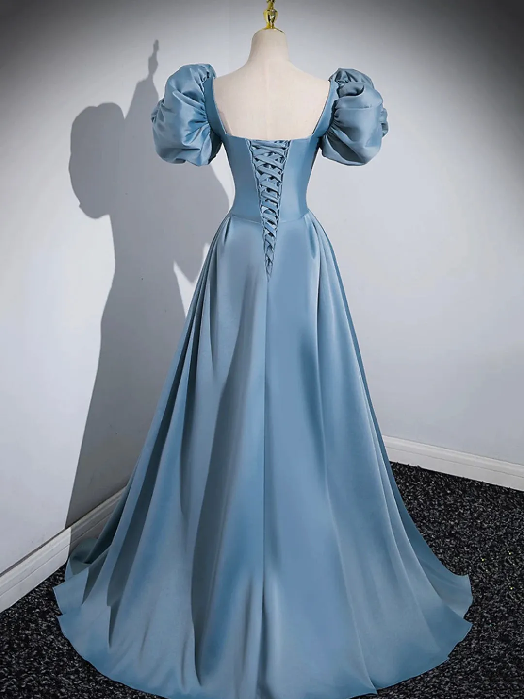 Blue Puff Sleeve Satin Floor Length Prom Dress, Blue A-Line Evening Party Dress