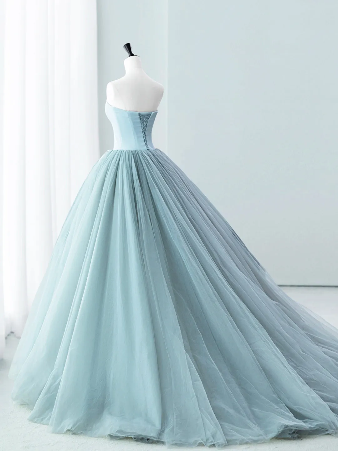 Blue Satin Tulle Long Prom Dress, Lovely Strapless Evening Dress