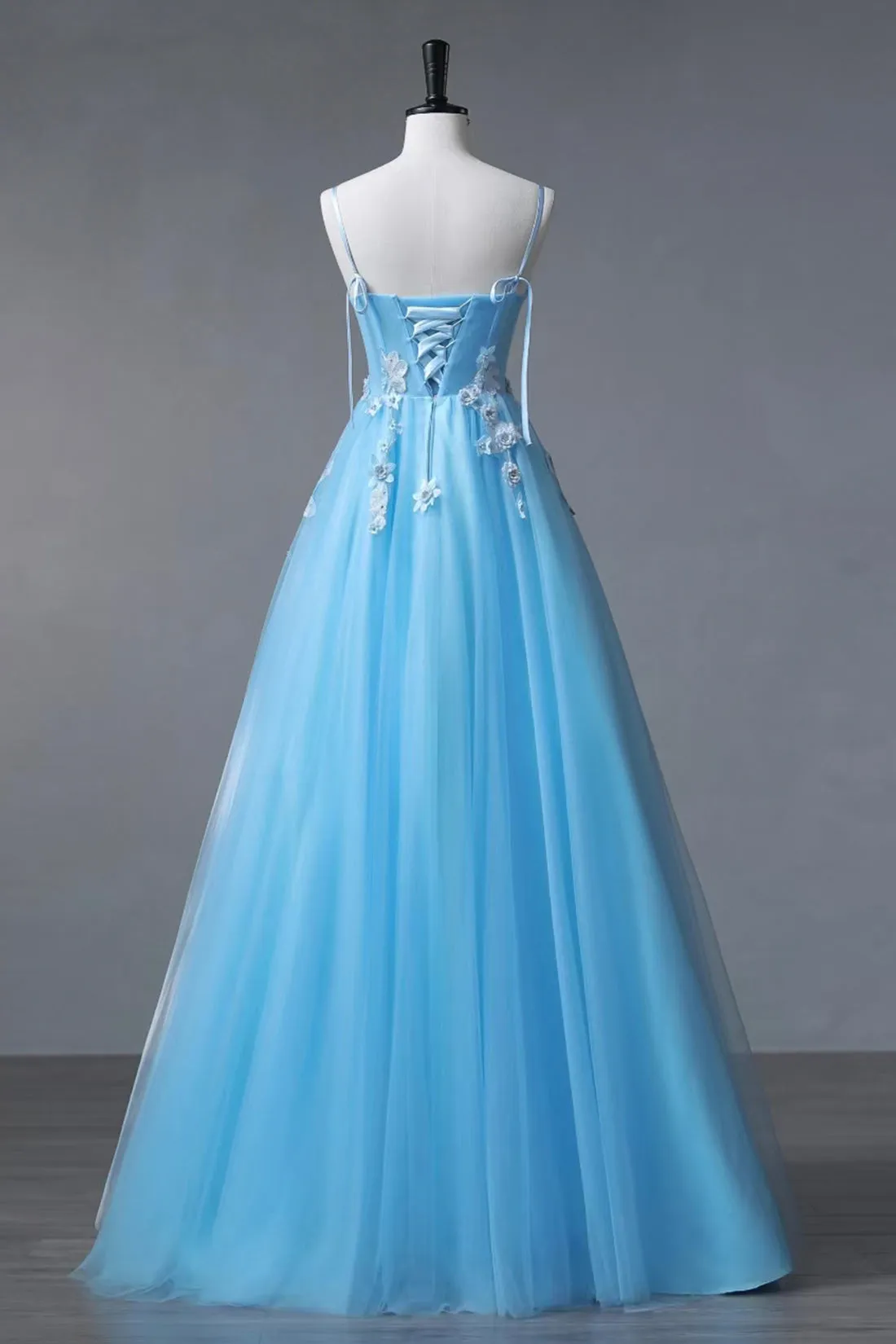 Blue Spaghetti Strap Tulle Floor Length Prom Dress, A-Line Evening Party Dress