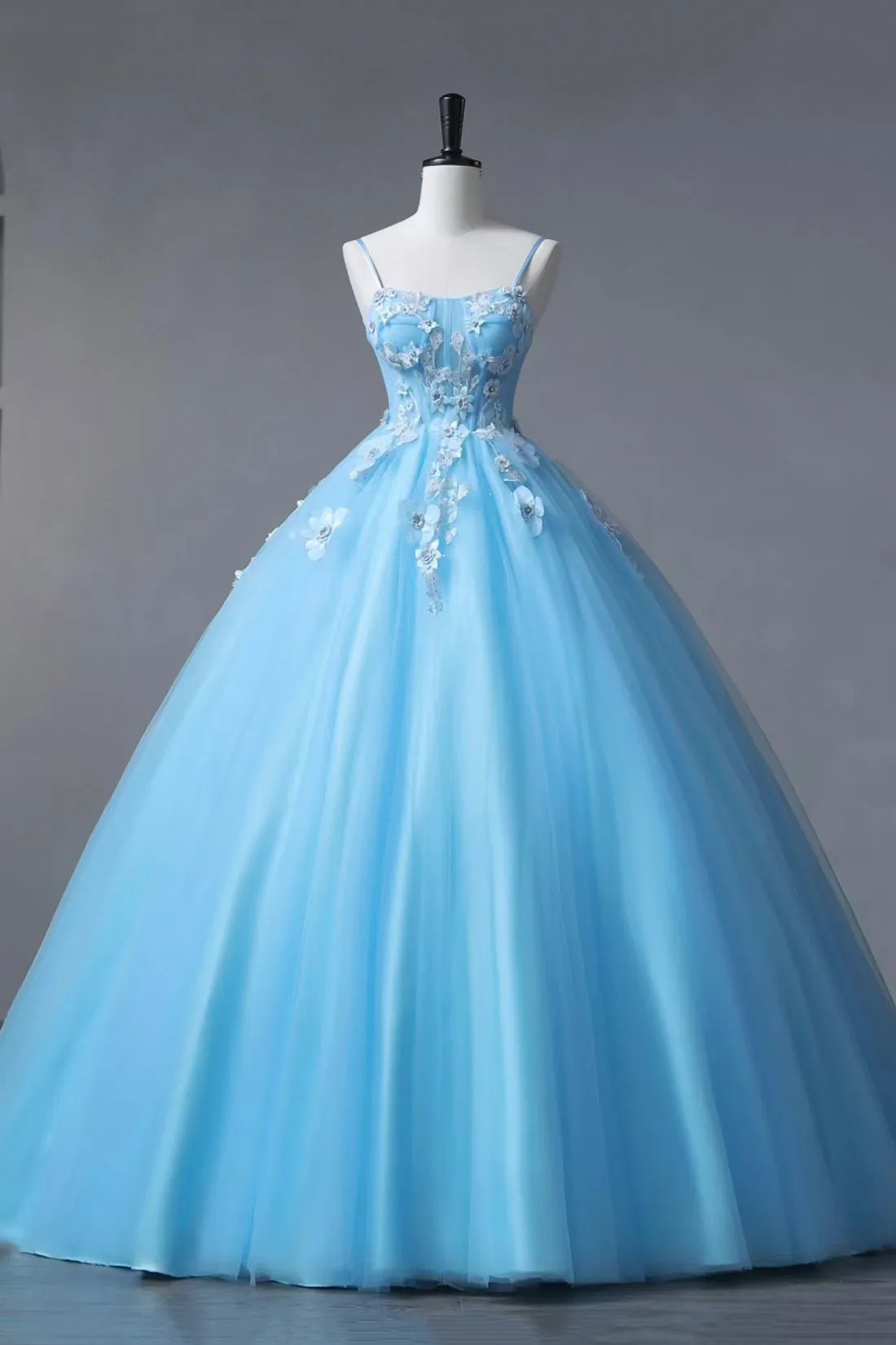 Blue Spaghetti Strap Tulle Floor Length Prom Dress, A-Line Evening Party Dress