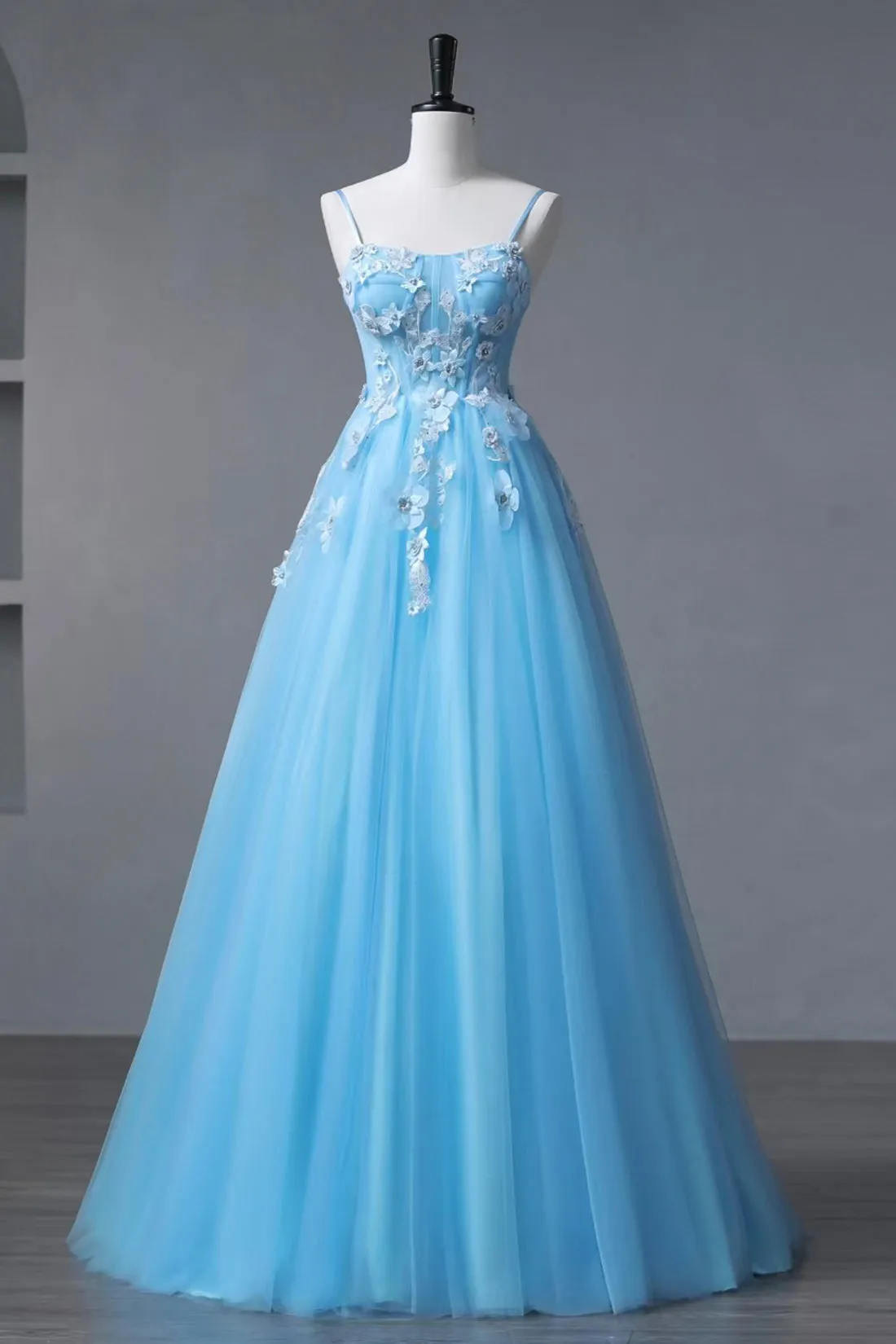 Blue Spaghetti Strap Tulle Floor Length Prom Dress, A-Line Evening Party Dress