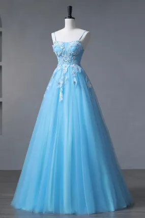 Blue Spaghetti Strap Tulle Floor Length Prom Dress, A-Line Evening Party Dress