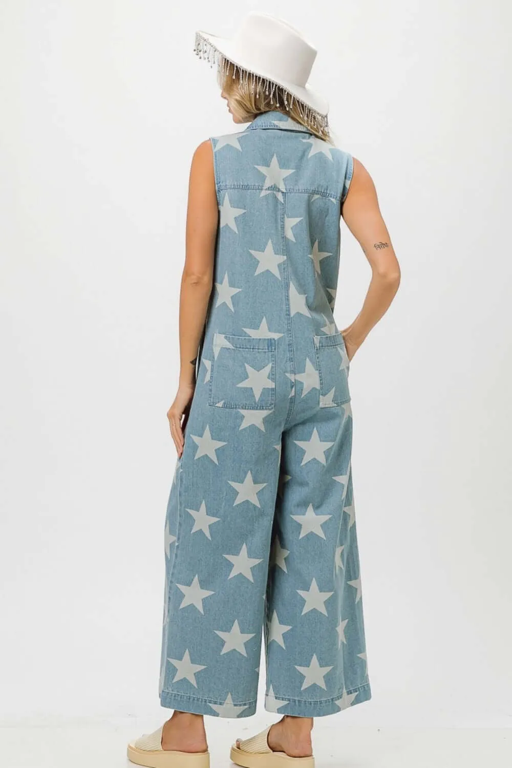 Blue Star Print Half Zip Sleeveless Denim Jumpsuit