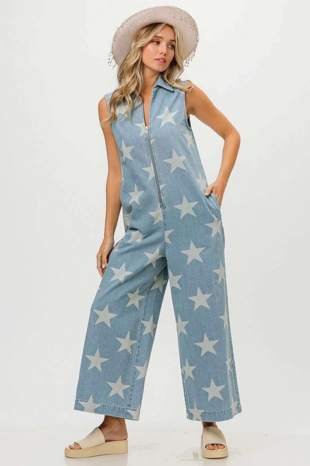 Blue Star Print Half Zip Sleeveless Denim Jumpsuit