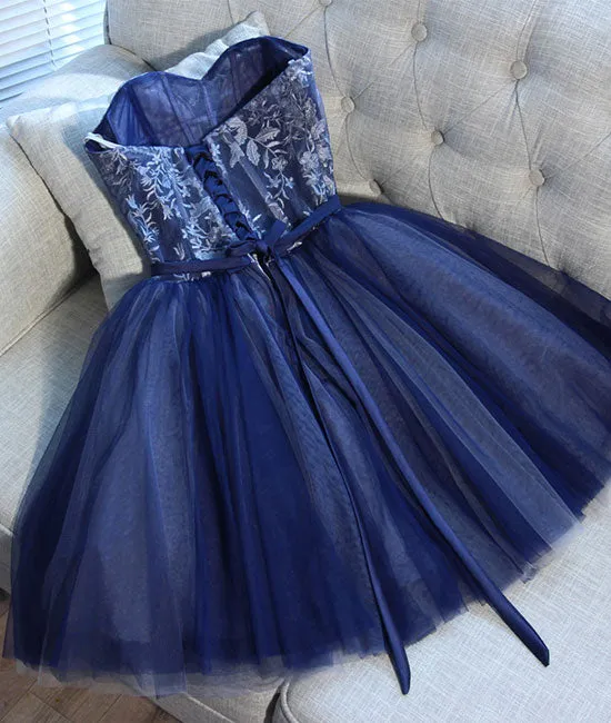 Blue sweetheart tulle lace short prom dress, homecoming dress