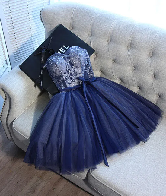 Blue sweetheart tulle lace short prom dress, homecoming dress