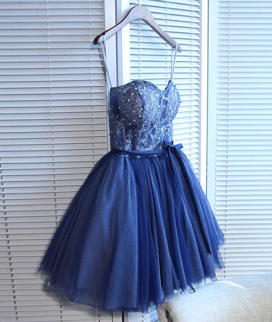 Blue sweetheart tulle lace short prom dress, homecoming dress