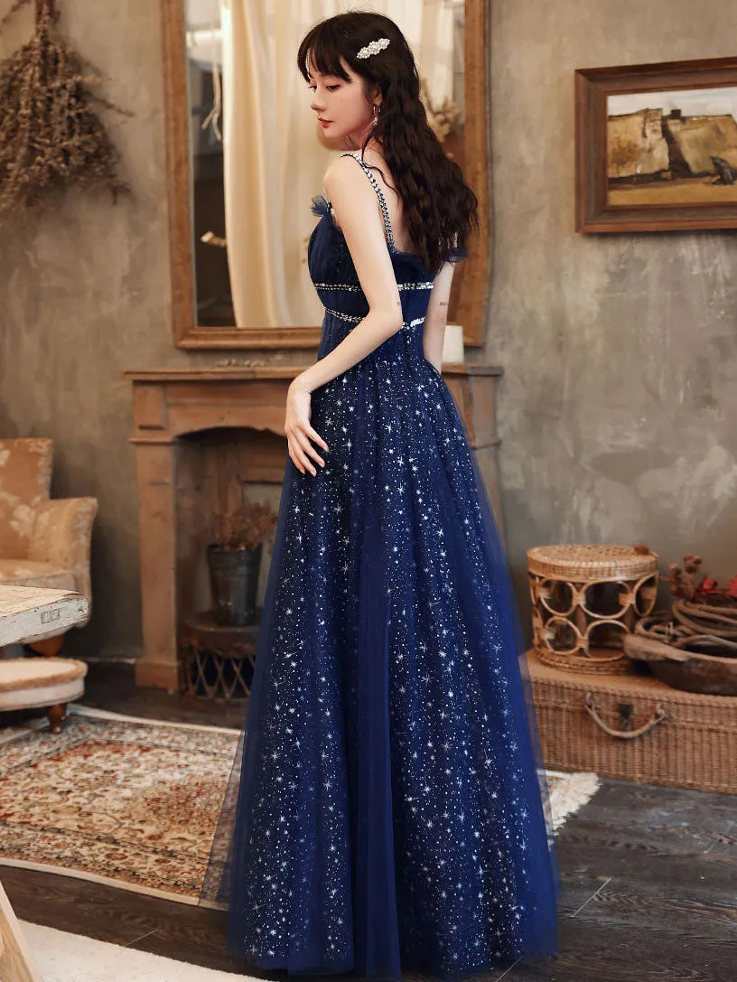 Blue Tulle A line Sequin Long Prom Dress, Blue Tulle Formal Dress