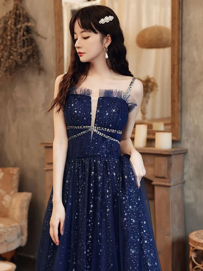 Blue Tulle A line Sequin Long Prom Dress, Blue Tulle Formal Dress