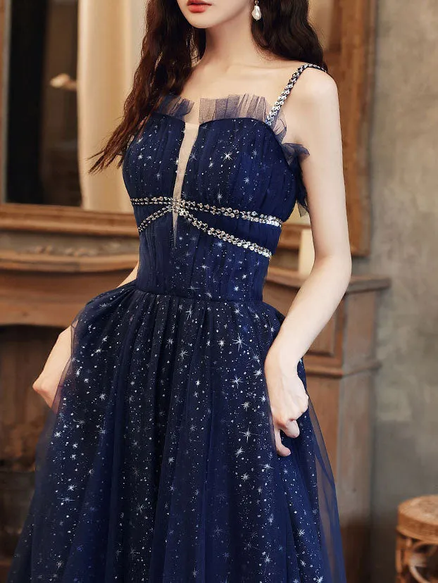 Blue Tulle A line Sequin Long Prom Dress, Blue Tulle Formal Dress