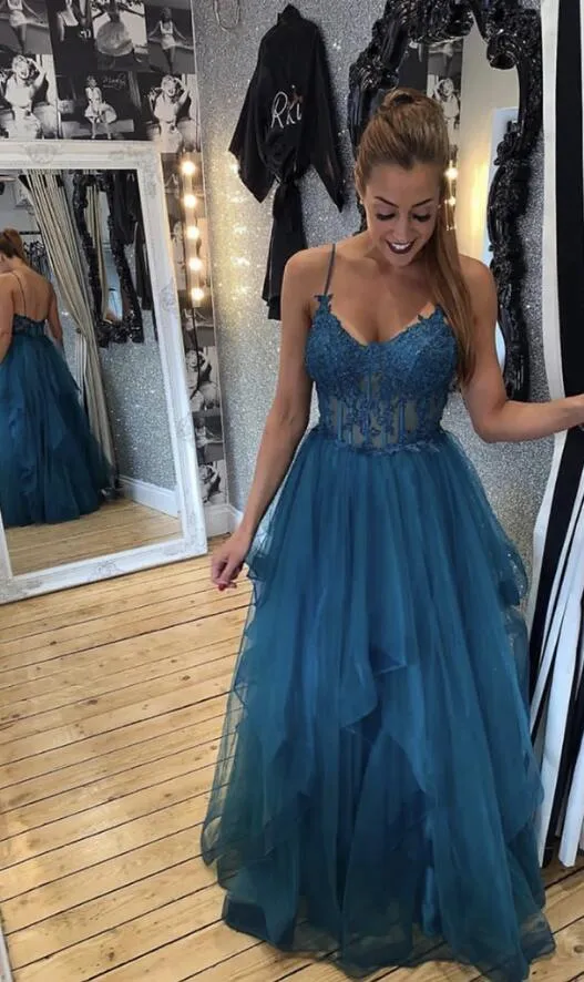 Blue tulle lace long prom dress evening dress      fg1687