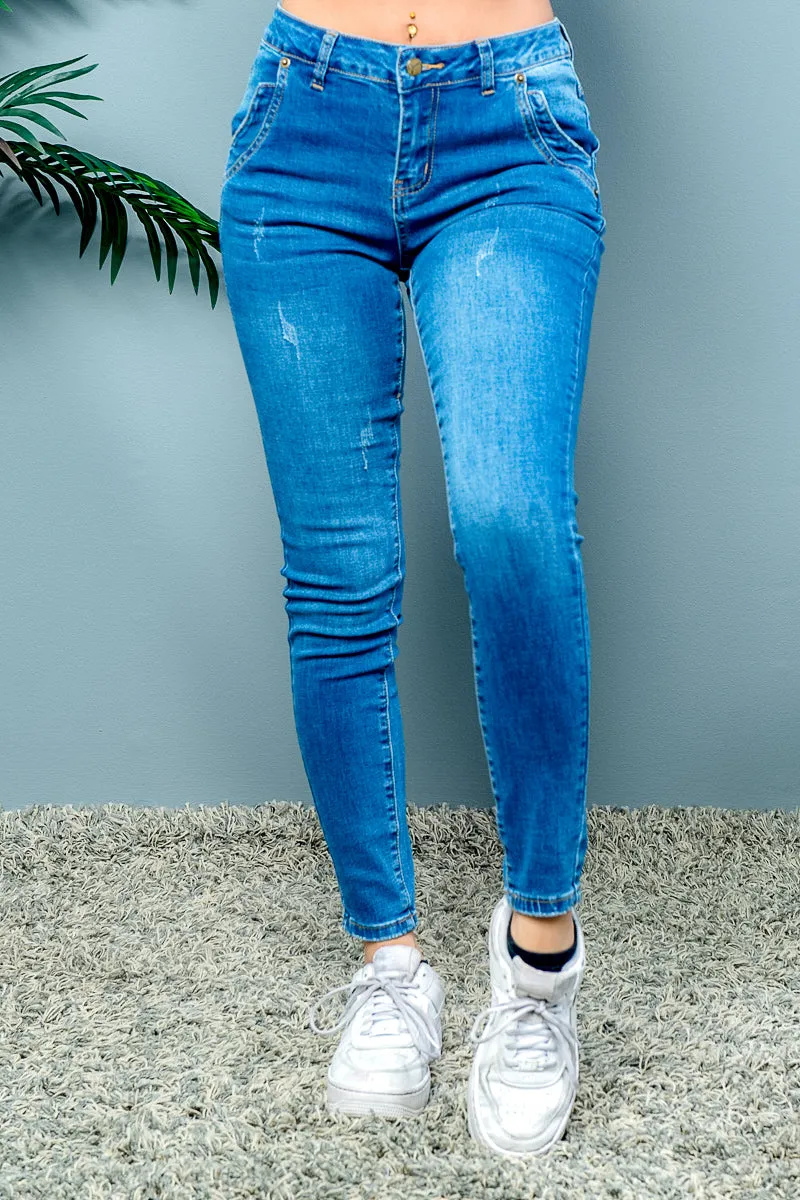 'Body' 4 Pocket Skinny Denim Jeans with Light Distressed Detail in Medium Blue (AM8114M)