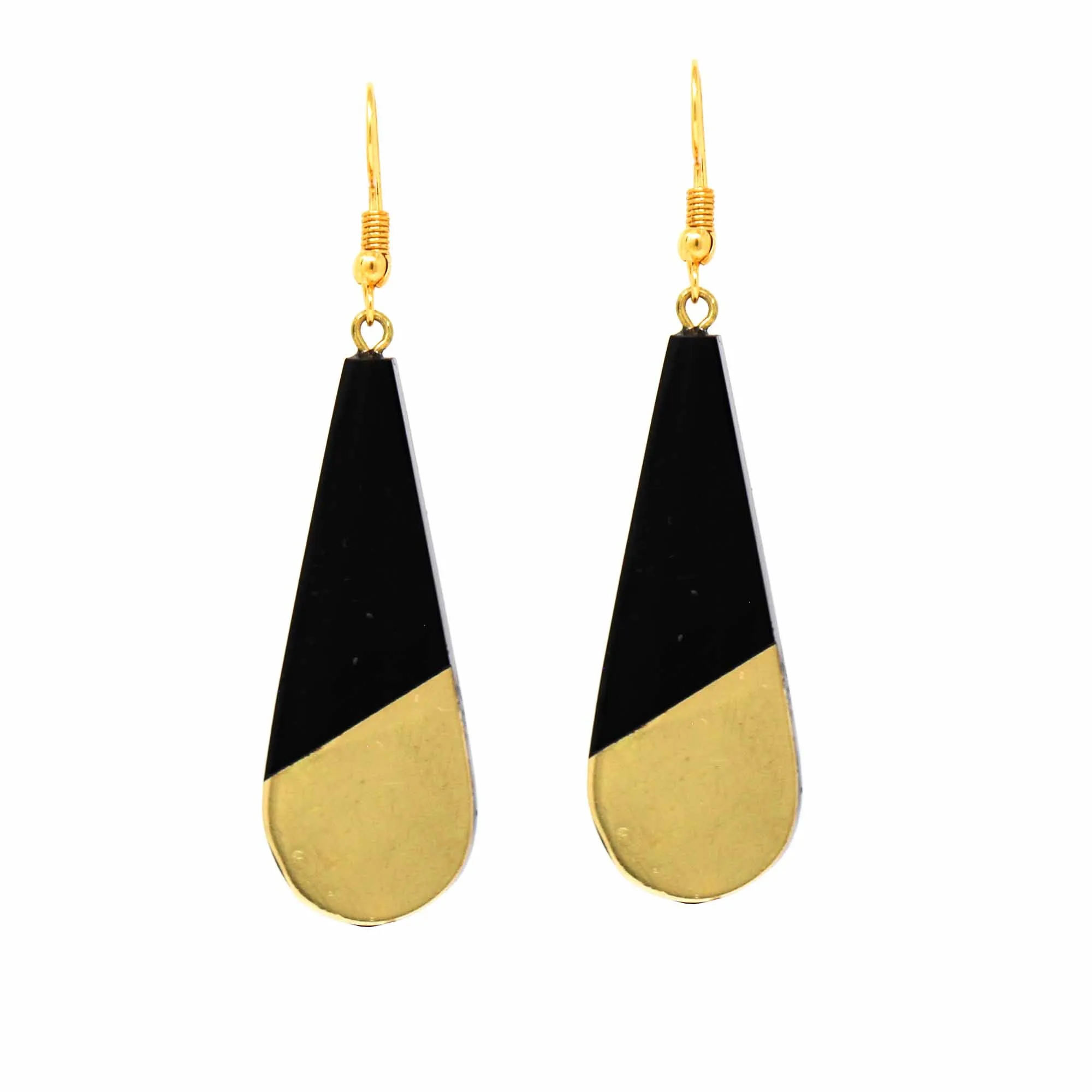 Brass and Black Horn Bisected Teardrop Earrings