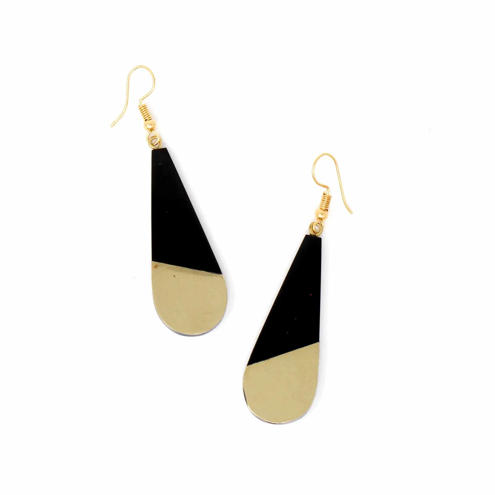 Brass and Black Horn Bisected Teardrop Earrings