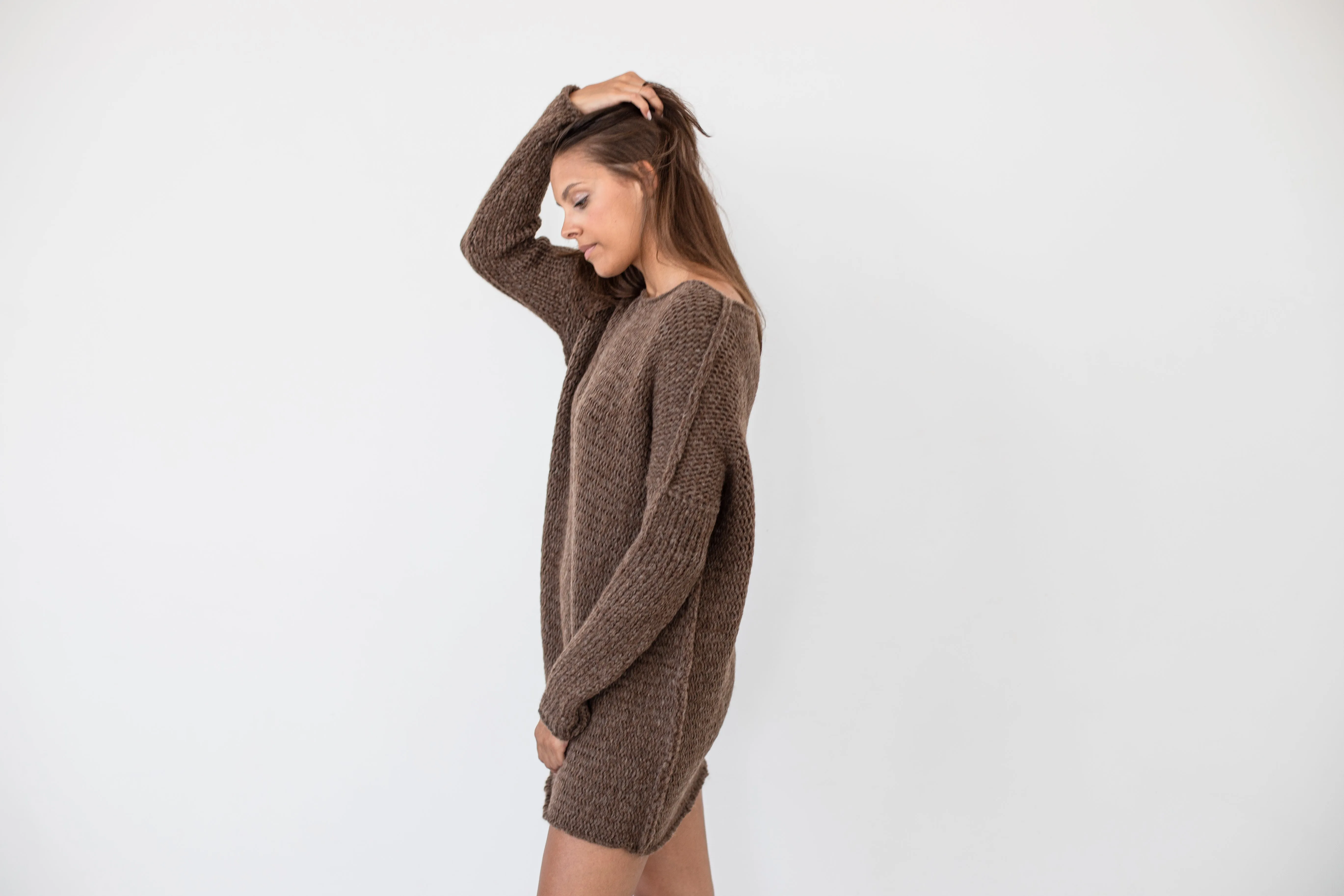 Brown alpaca oversized sweater dress .