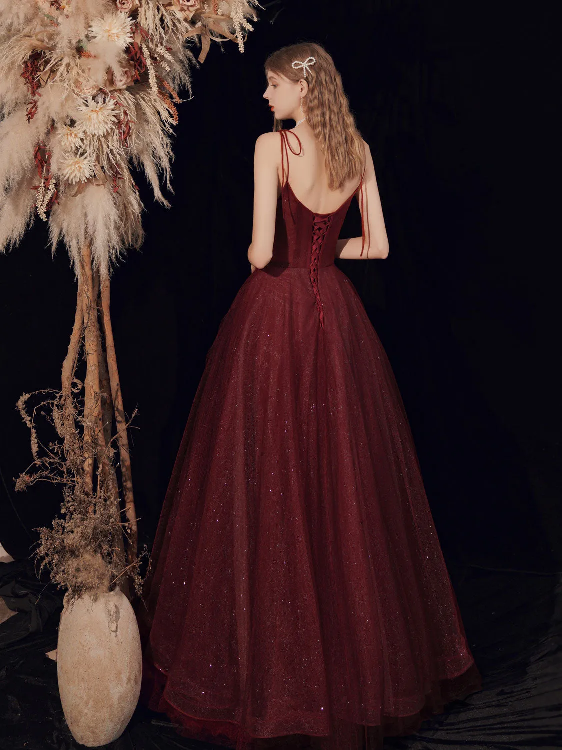 Burgundy Tulle Sequin Long Prom Dress Burgundy Tulle Formal Dress