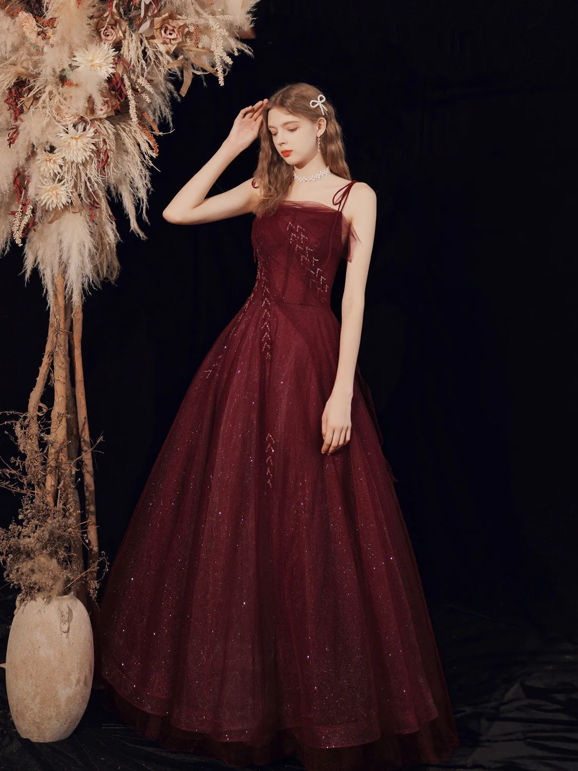 Burgundy Tulle Sequin Long Prom Dress Burgundy Tulle Formal Dress