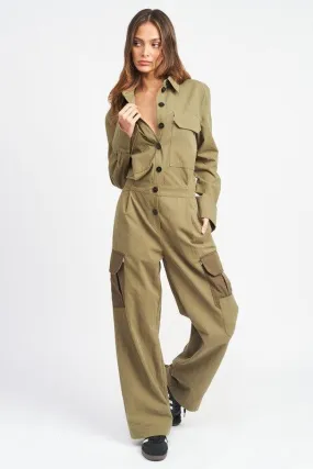 Button Down Cargo Jumpsuit