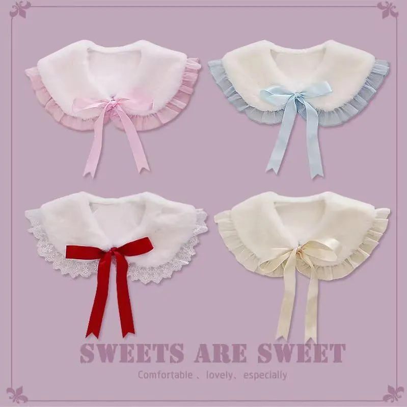 Candy Sweet~Winter Lolita False Collar Plush Bow Collar Scarf