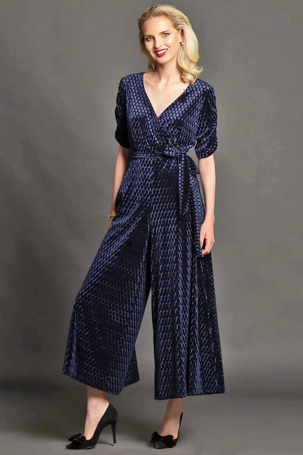 Catalina Jumpsuit - Black/Navy Pebbled Velvet