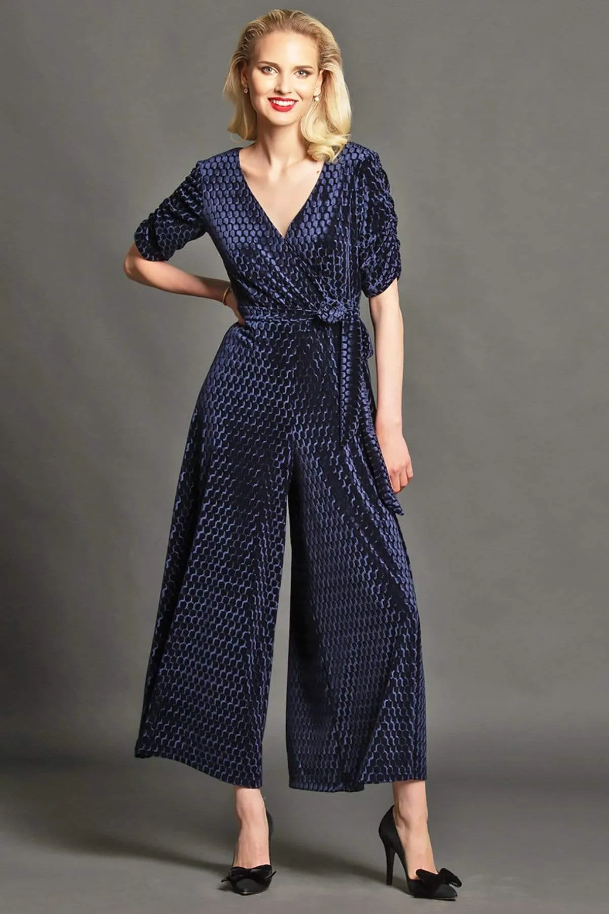 Catalina Jumpsuit - Black/Navy Pebbled Velvet