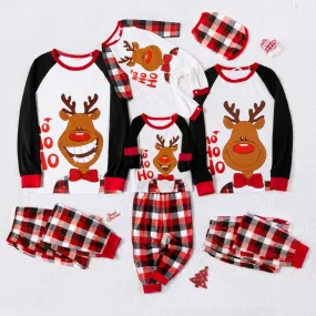 Christmas Reindeer and Letter Print Family Matching Raglan Long-sleeve Plaid Pajamas Sets (Flame Resistant)