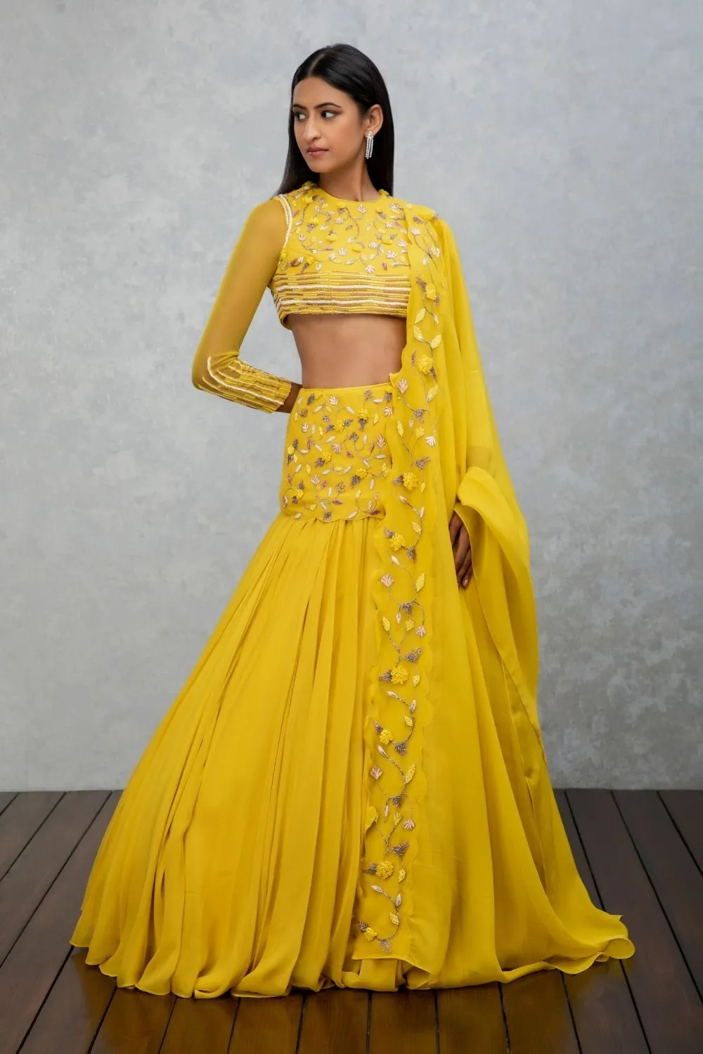 Citrine yellow georgette and organza lehenga set