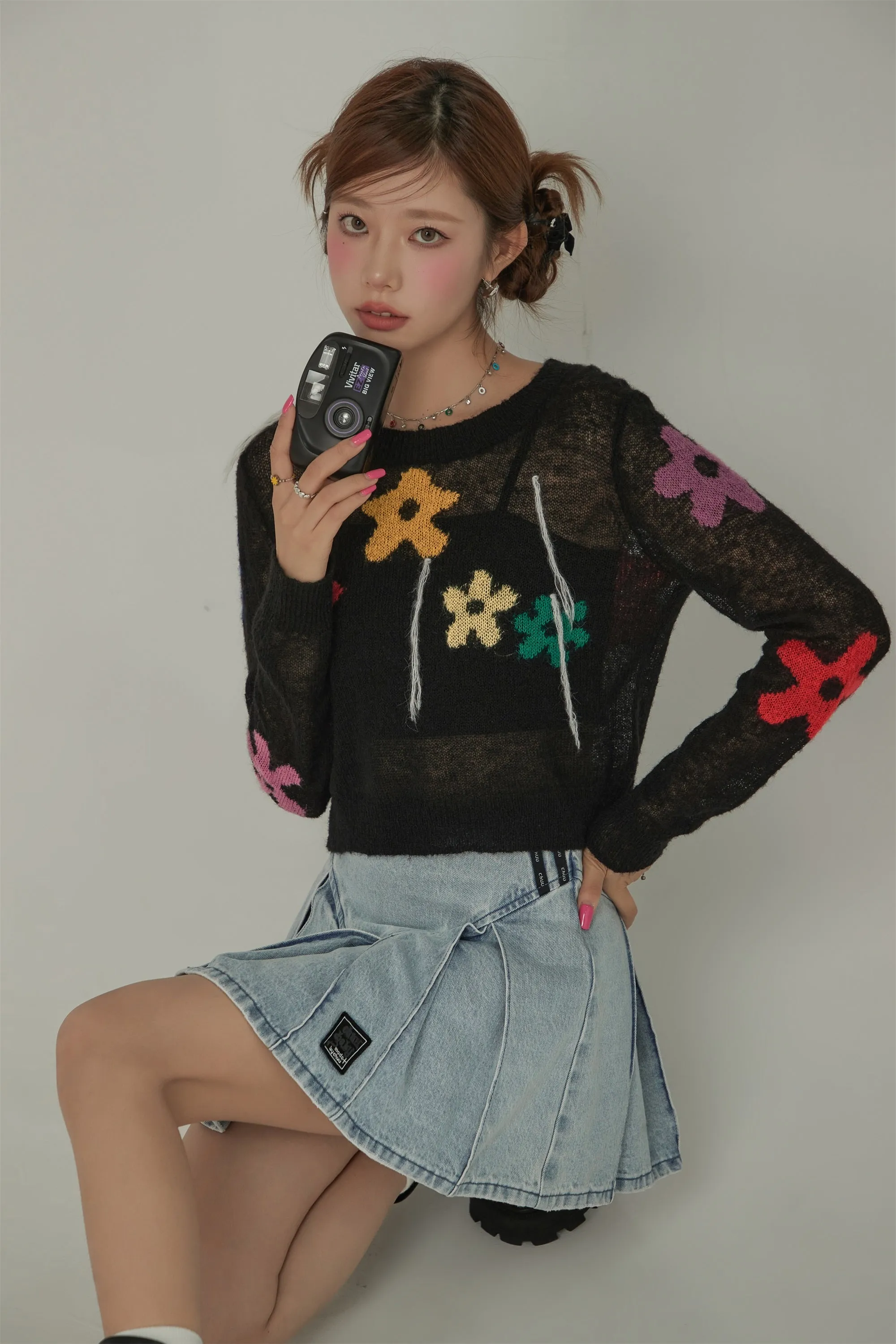 Colorful Flowers Crop Knit Sweater