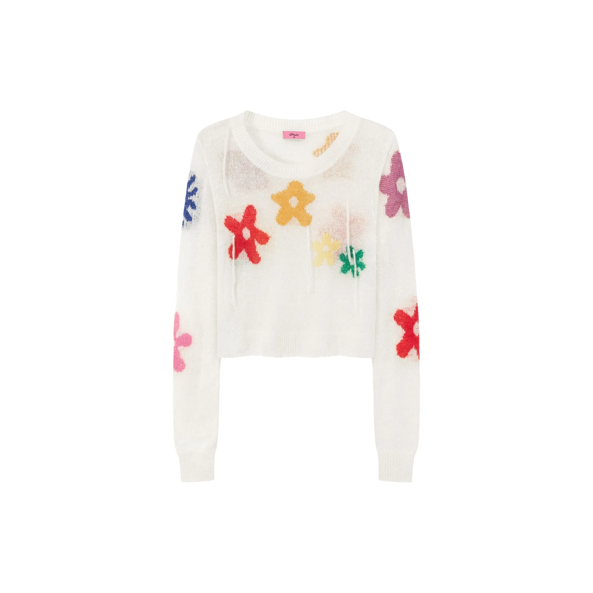 Colorful Flowers Crop Knit Sweater