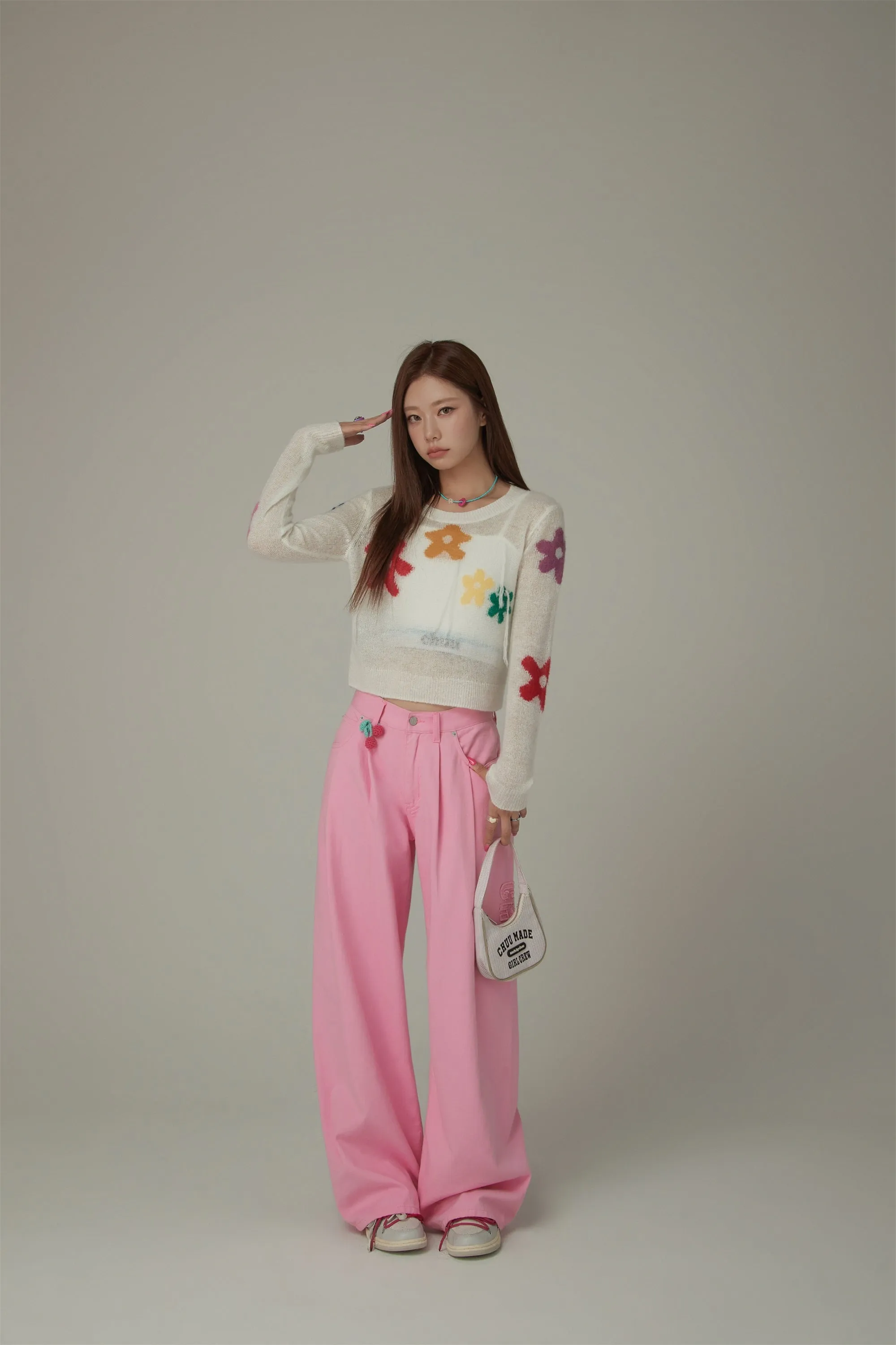 Colorful Flowers Crop Knit Sweater