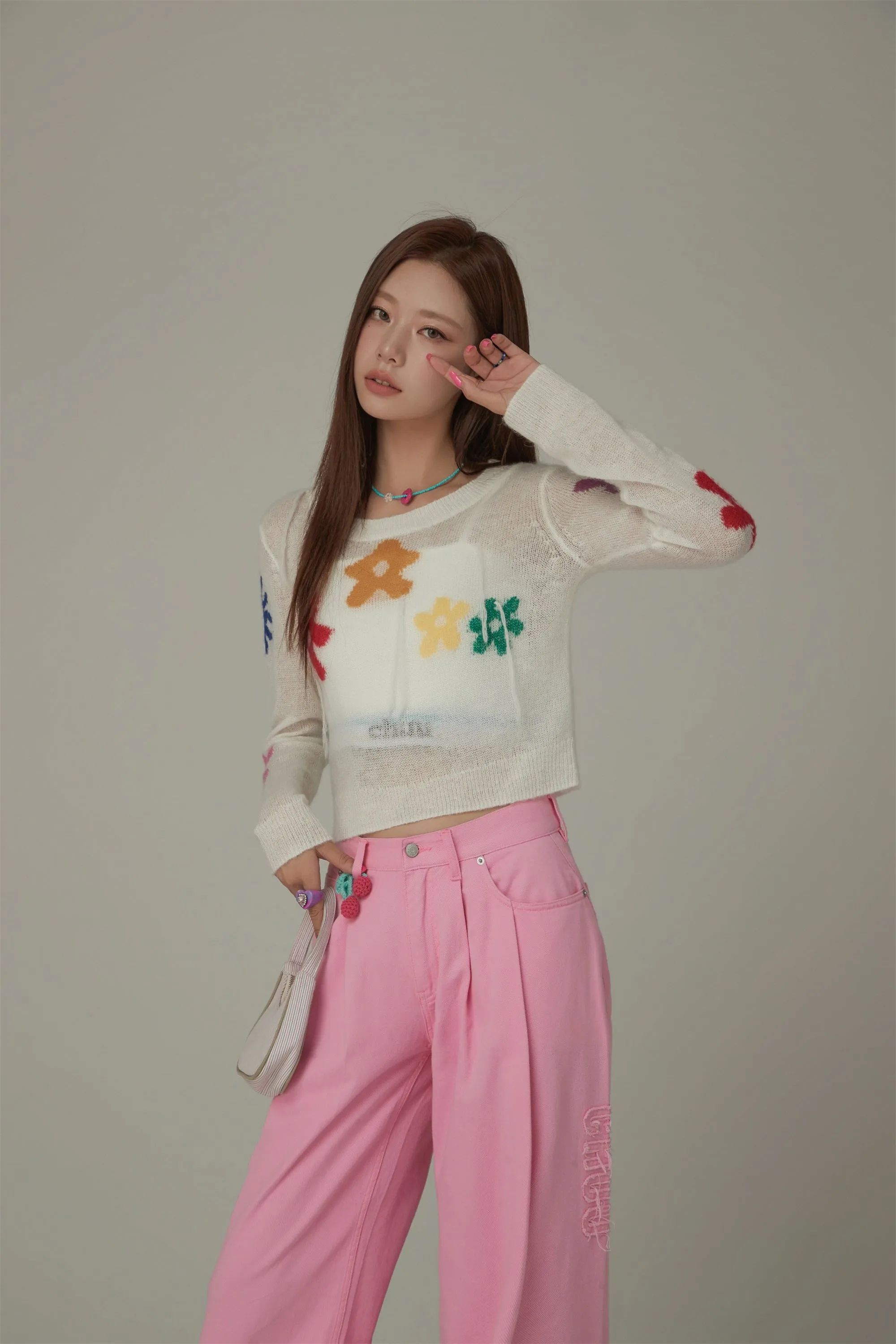 Colorful Flowers Crop Knit Sweater