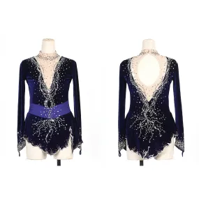 Competition Figure Skating Dress Navy Velvet and Painted