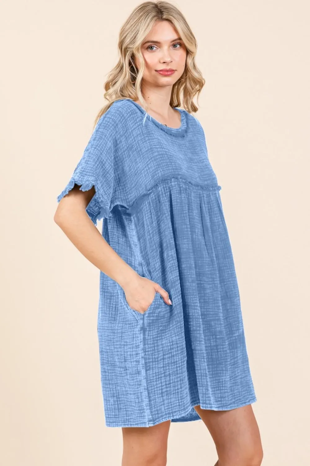 Culture Code Full Size Short Sleeve Babydoll Texture Dress with Pockets