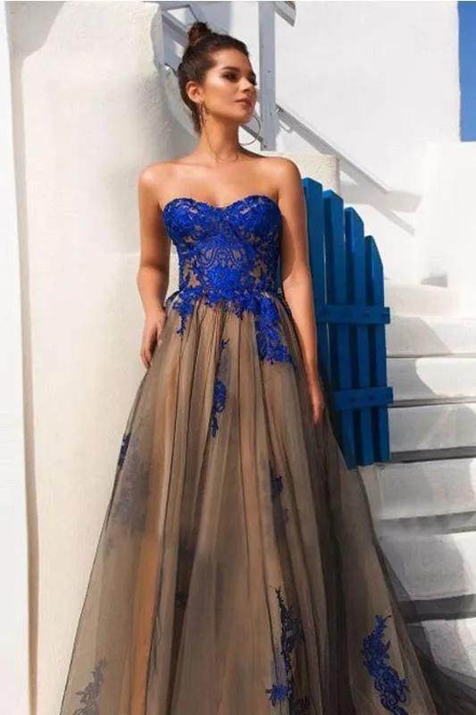 Custom Made Strapless Tulle Champagne Prom Dress with Royal Blue Lace Appliques