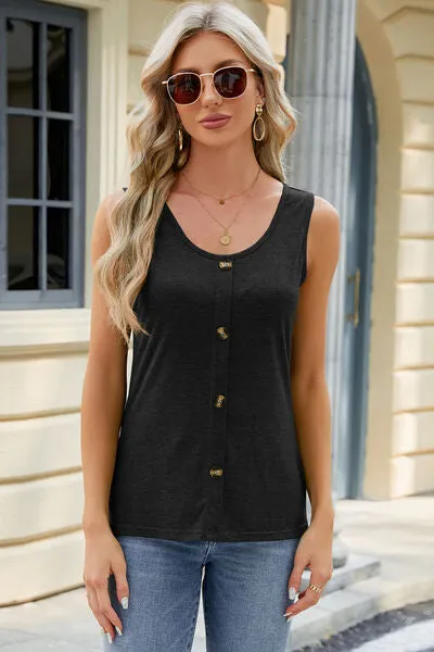 Decorative Button Round Neck Tank - 8 Colors