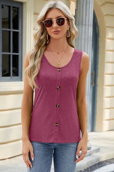 Decorative Button Round Neck Tank - 8 Colors