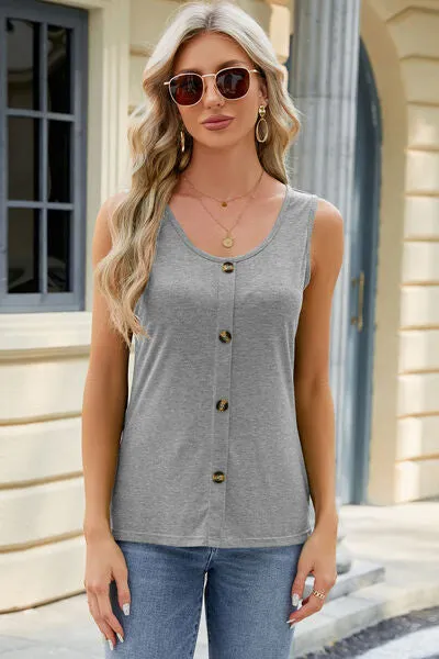 Decorative Button Round Neck Tank - 8 Colors