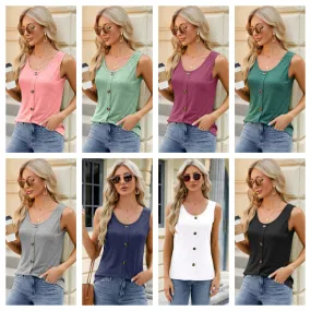 Decorative Button Round Neck Tank - 8 Colors