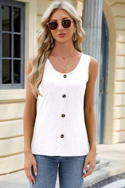 Decorative Button Round Neck Tank - 8 Colors