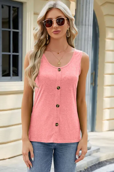 Decorative Button Round Neck Tank - 8 Colors