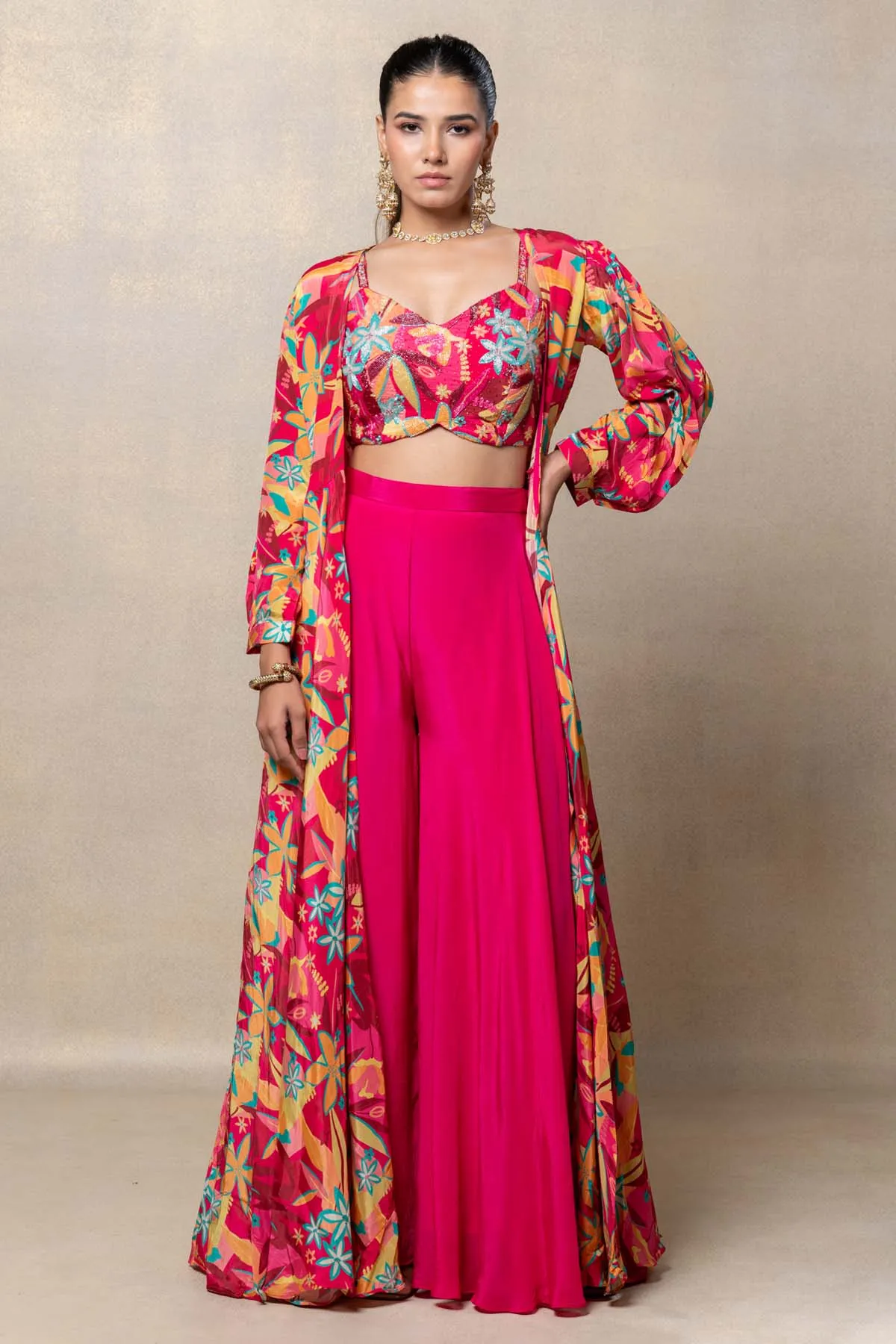 Deep Pink Floral Print Shrug Set