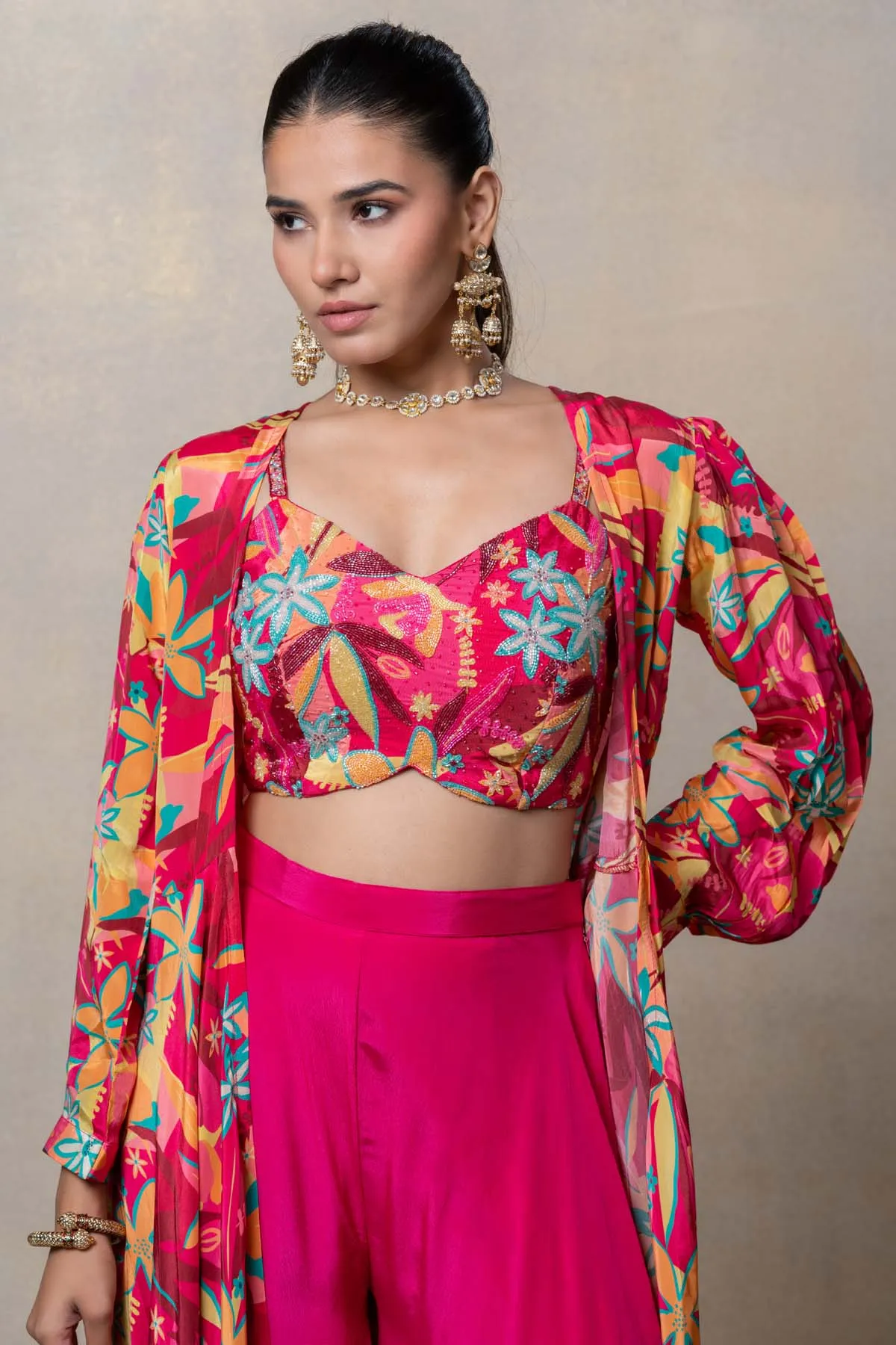 Deep Pink Floral Print Shrug Set