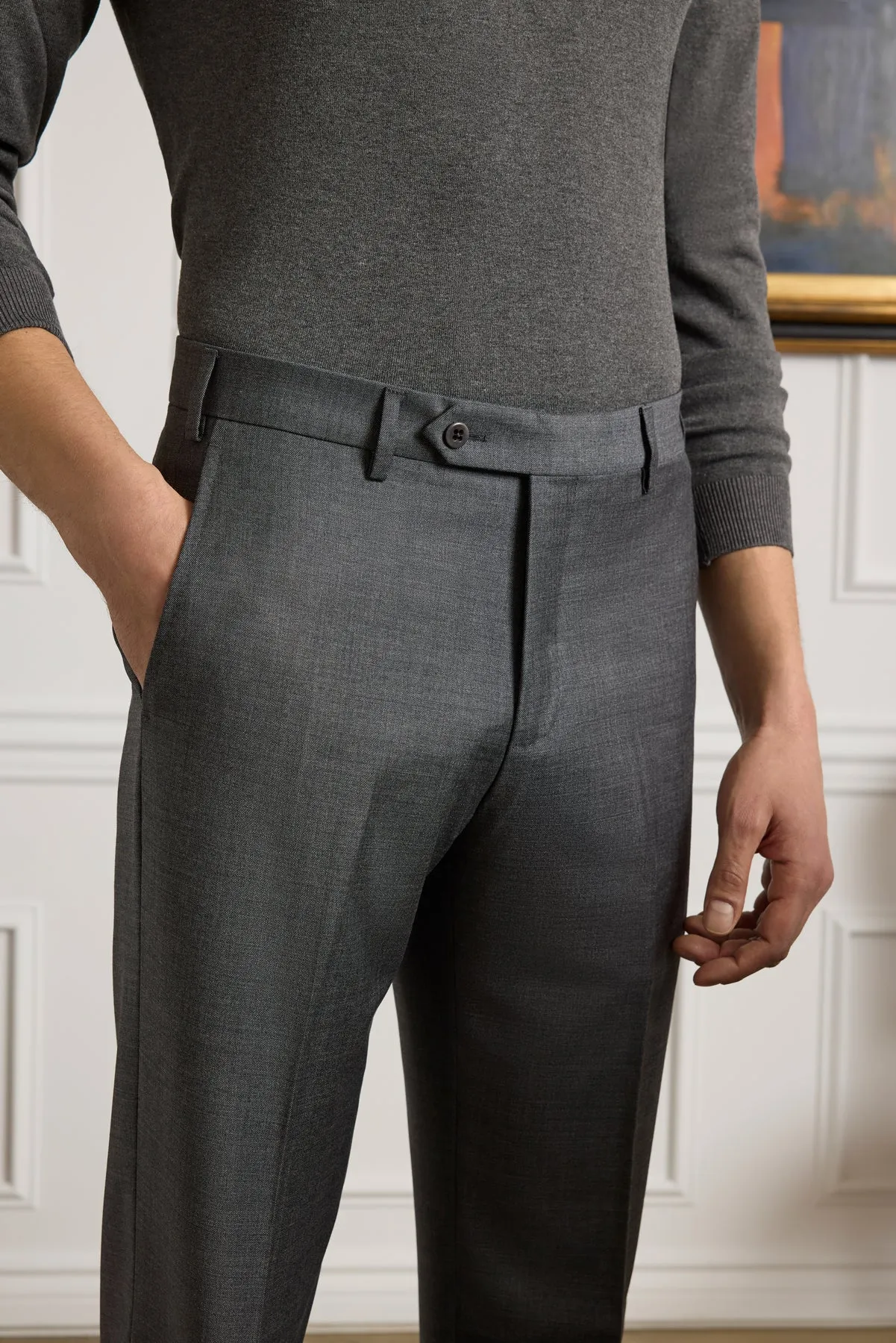 Devon Flat Front Sharkskin Wool Trouser in Medium Grey (Modern Full Fit) by Zanella